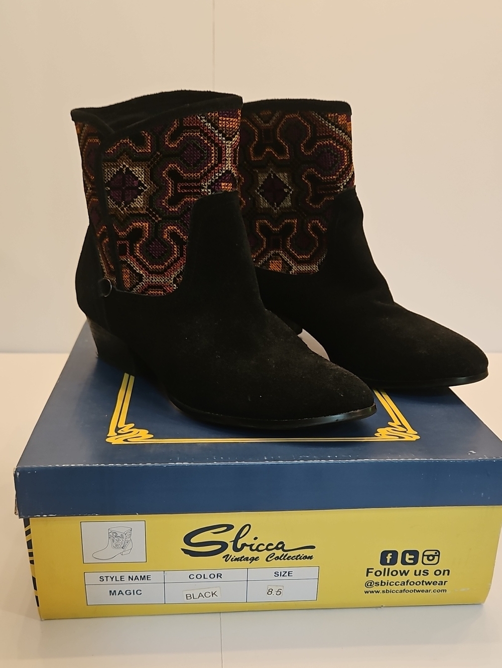 Sbicca Black Suede Ankle Booties with Multicolor Embroidered Cuff